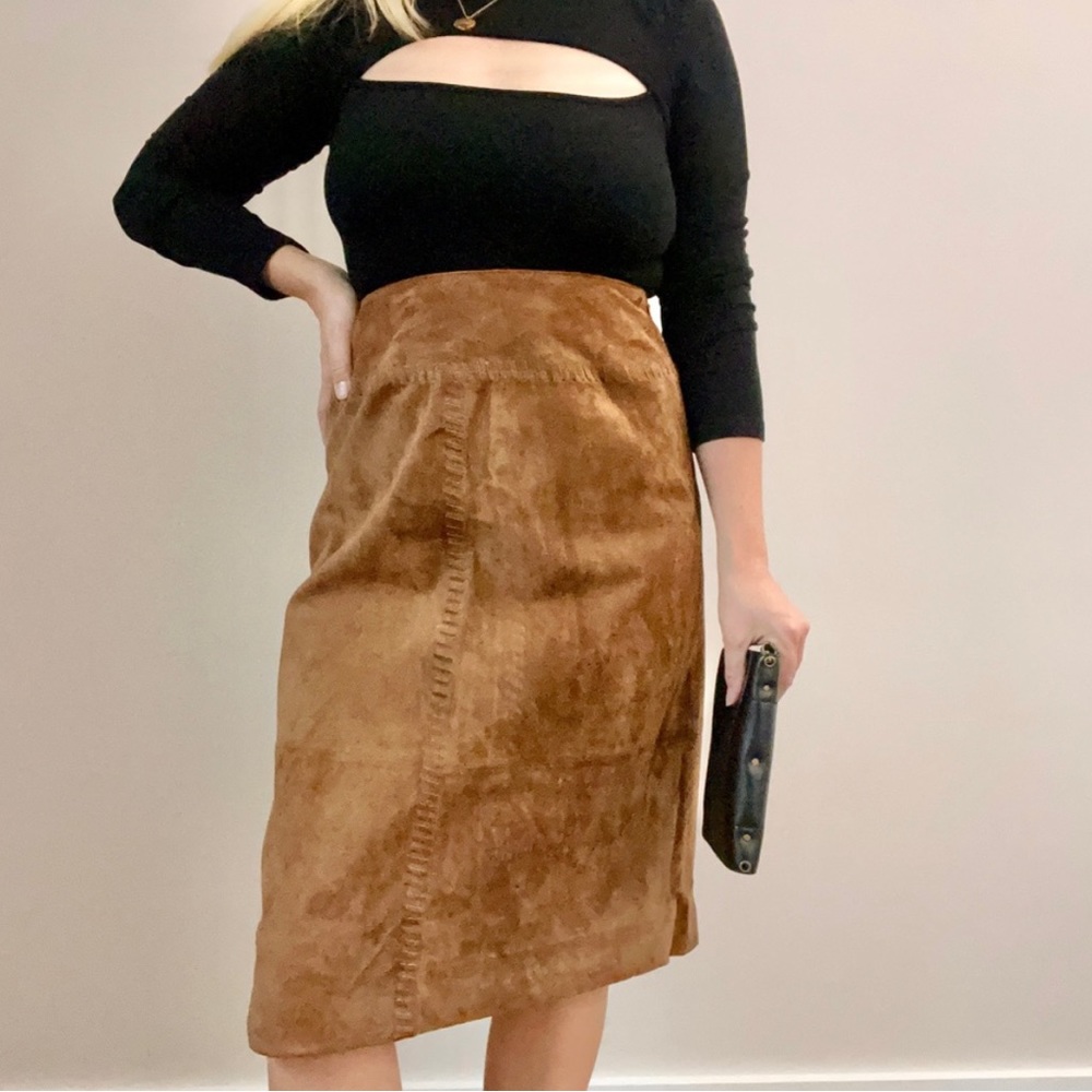 Vintage 100% Leather Suede Cognac Midi Skirt